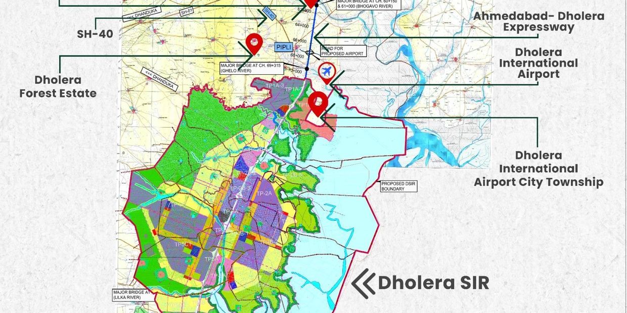 Map showing Dholera SIR and key infrastructures including expressway and airport.