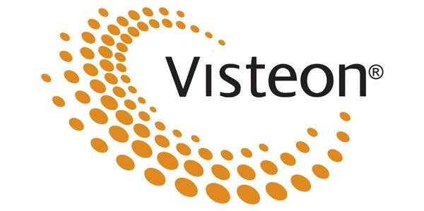 Visteon logo with swirling orange dots forming a dynamic pattern.