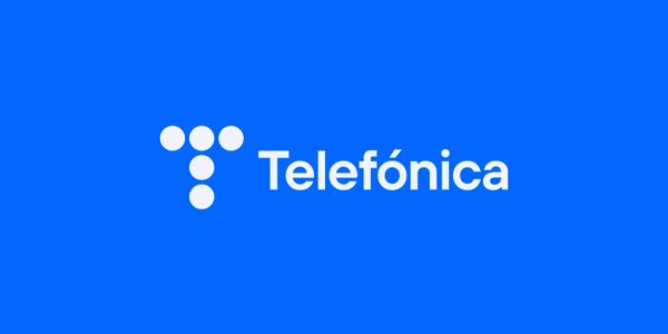 Telefónica logo with white text and dots on blue background.