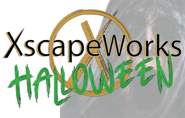 XscapeWorks Halloween event logo with a spooky background.
