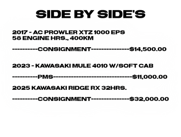 Price list for Kawasaki and Arctic Cat vehicles with consignment prices.
