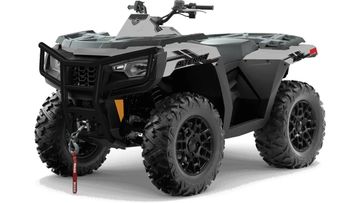 A rugged gray all-terrain vehicle (ATV) with large tires and protective front guards.