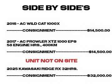 Price list for Kawasaki and Arctic Cat vehicles with consignment prices.