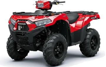 A red Kawasaki ATV with rugged tires and black accents.