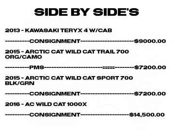 Price list for Kawasaki and Arctic Cat vehicles with consignment prices.