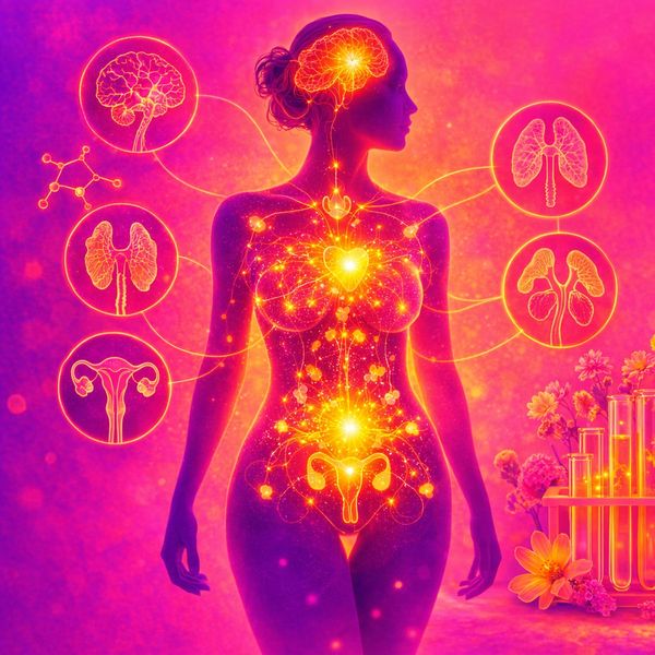 Glowing female silhouette highlighting key organs and systems in vibrant neon colors.