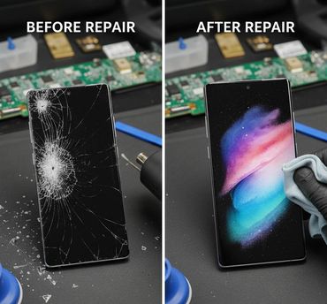 Samsung Galaxy s24 ultra Screen before and after repair at Tech Geek Feltham