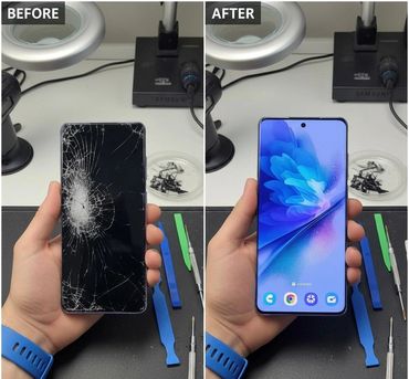 Samsung galaxy s21 fe Screen before and after repair at Tech Geek Feltham