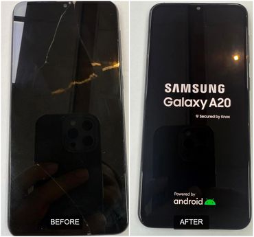 Samsung A20 Screen before and after repair at Tech Geek Feltham