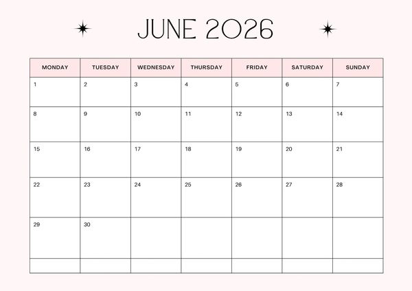 Minimalist June 2026 calendar with a soft pink background and clean black text.
