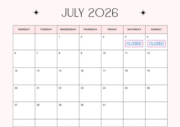 July 2026 calendar with weekends marked as closed on 4th and 5th.