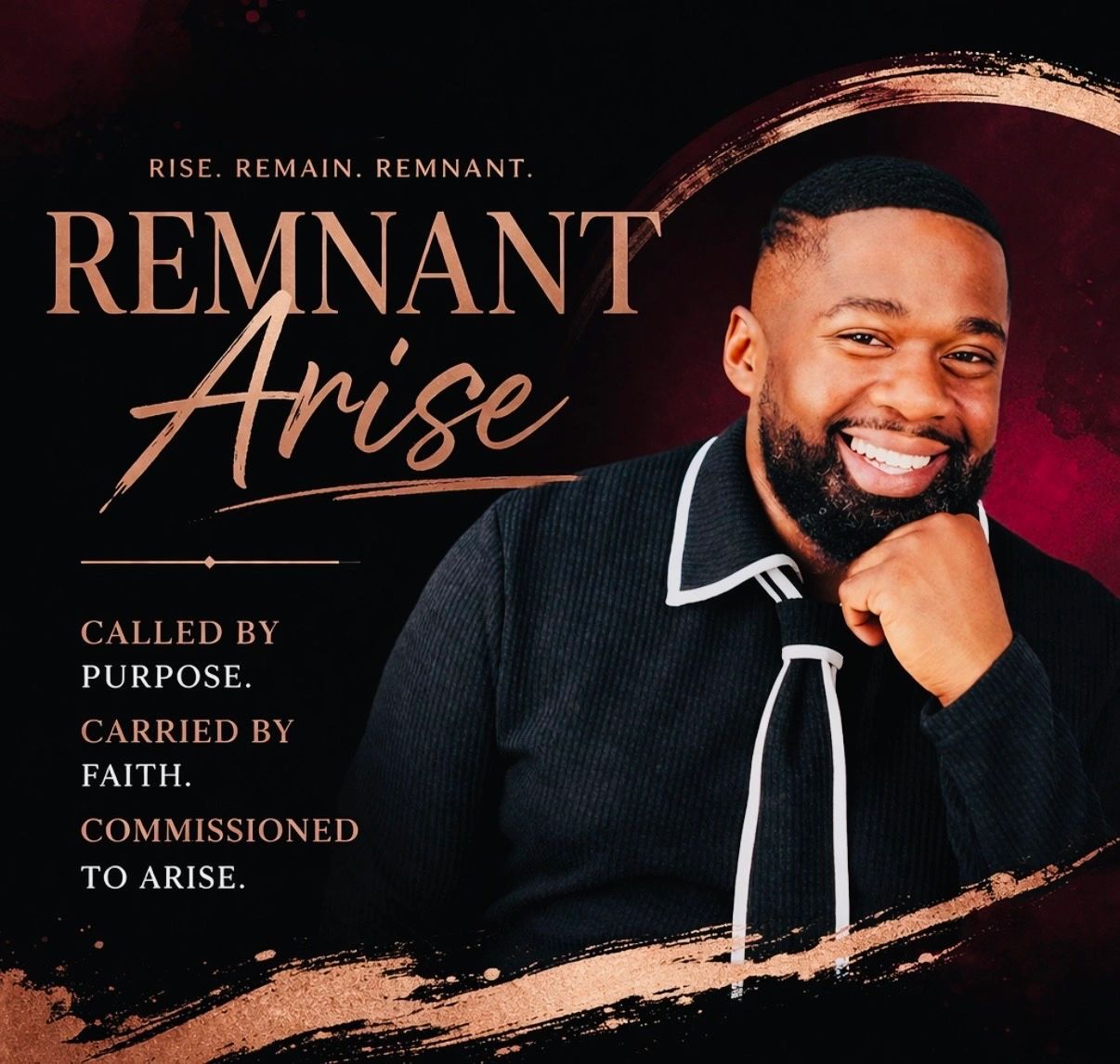 Confident man promoting Remnant Arise with inspiring faith and purpose message.