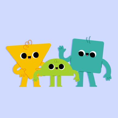 Three colorful, animated geometric characters with happy faces.