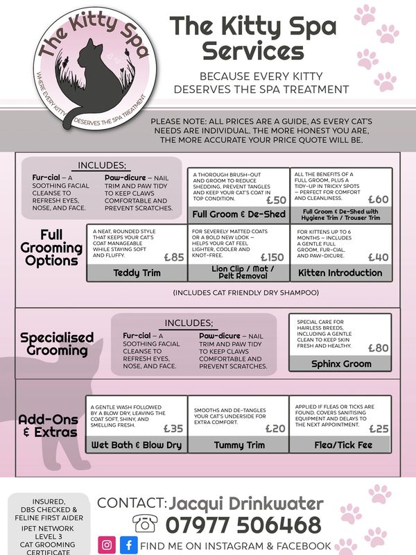 The Kitty Spa offers various cat grooming services, including full grooming, specialized grooming, and add-ons.