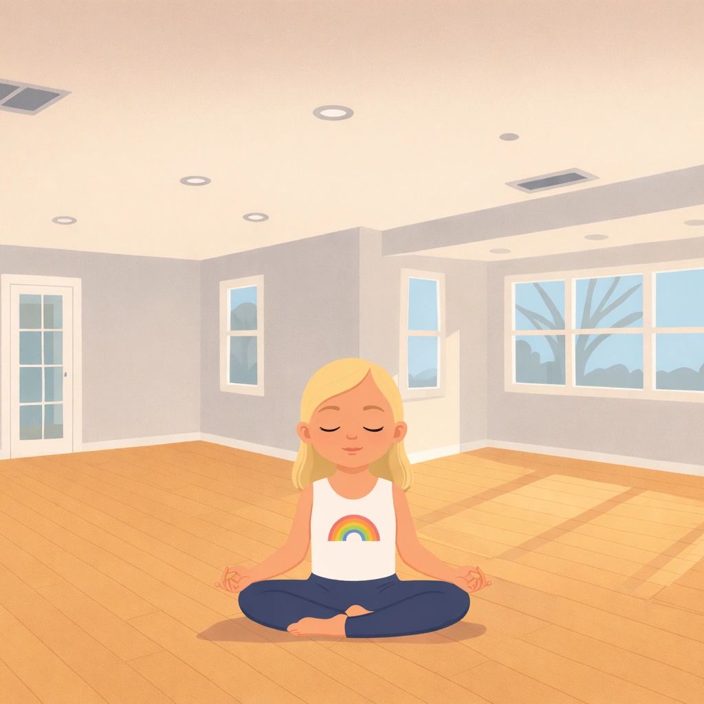 A girl meditates peacefully in a sunlit room wearing a rainbow tank top.