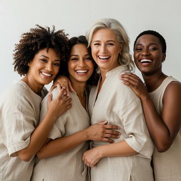 Four diverse women smiling and hugging.