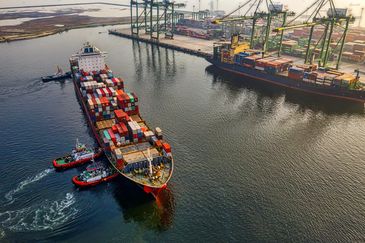 Busy container ships dock at a bustling port with cranes and colorful cargo containers.