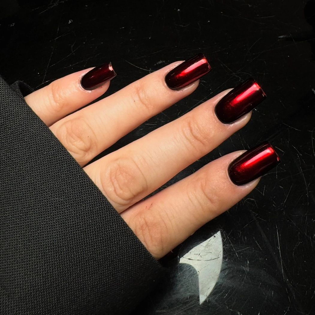  square nails with red and black chrome finish by Eve's Space Nail Studio in Downtown Los Angeles