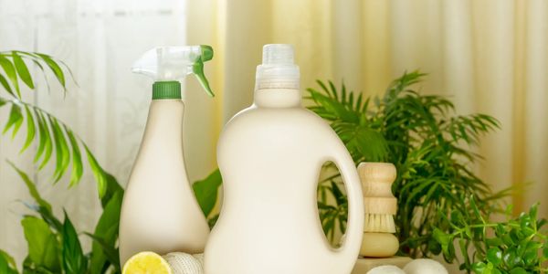 Neutral-toned eco-friendly cleaning products on a wicker tray with plants and lemon.