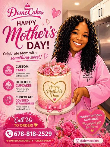 Happy Mother's Day cake advertisement featuring custom cakes, cupcakes, and chocolate-covered strawberries.