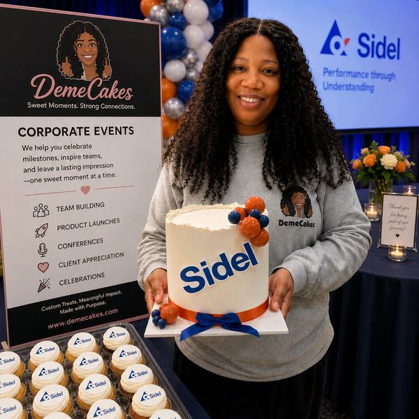 Woman holding a branded cake with Sidel logo at a corporate event.