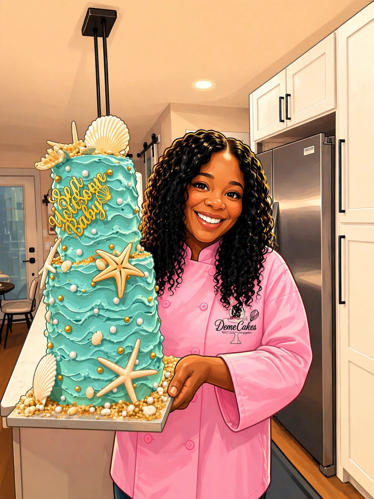 Woman in pink chef coat holding a tall ocean-themed cake with starfish and seashells.