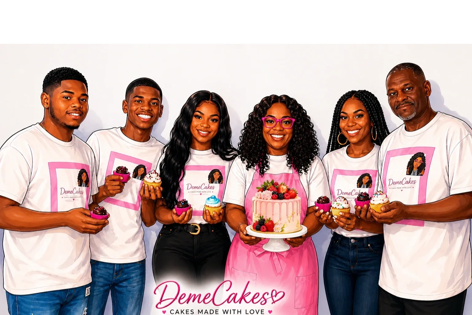 A smiling family holding cupcakes and a cake, wearing DemeCakes shirts.