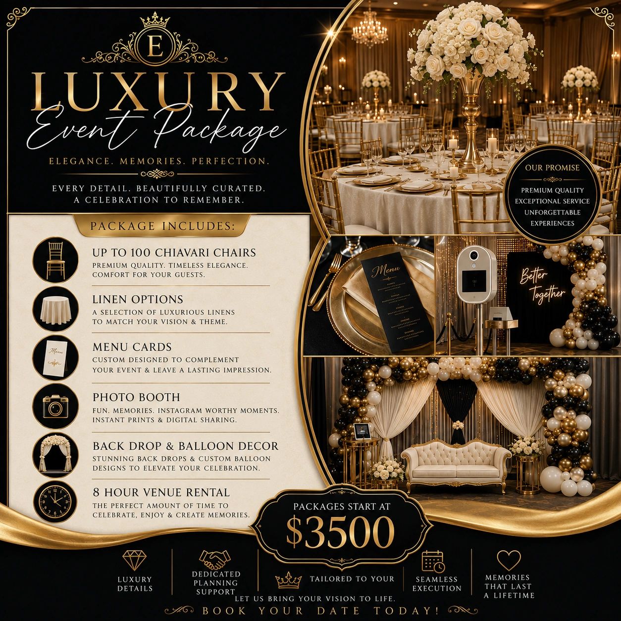 Elegant luxury event package with chairs, linens, menu cards, photo booth, decor, and venue rental.