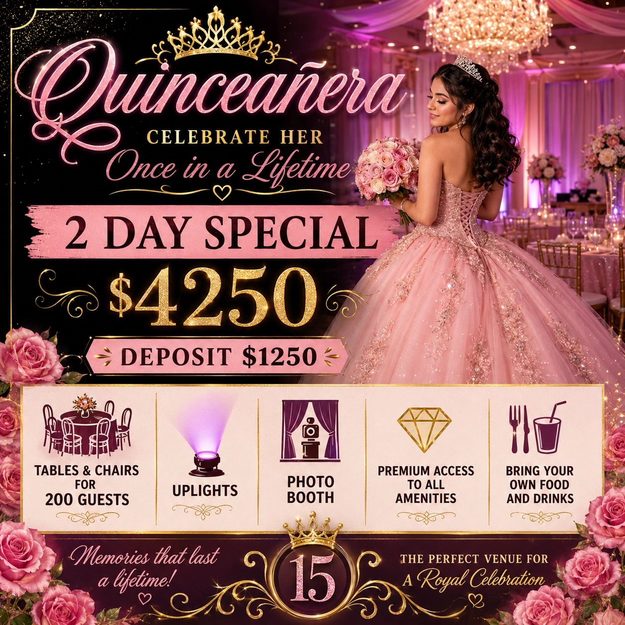 Elegant quinceañera celebration special with venue and amenities for 200 guests.