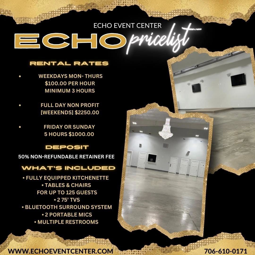 Echo Event Center rental rates and amenities with photos of the event space interior.