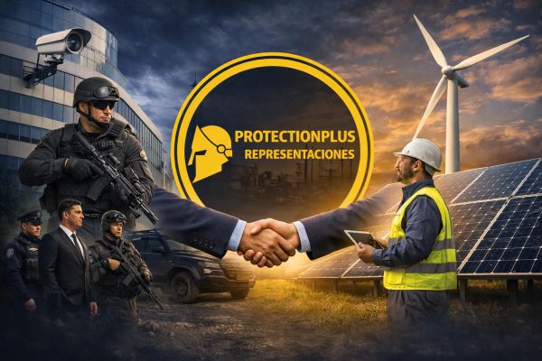 Security personnel and an industrial worker shake hands in front of a ProtectionPlus Representaciones logo.