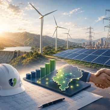 Renewable energy sources with wind turbines, solar panels, and a digital map showing growth and cooperation.