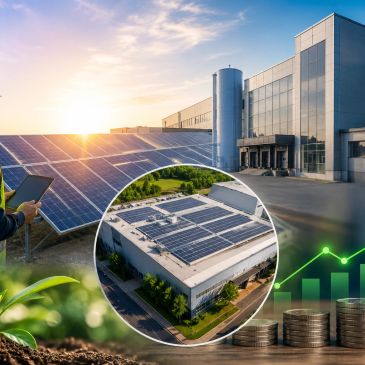 Business and sustainability with solar panels and financial growth.