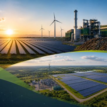 Solar panels and wind turbines powering a sustainable energy facility.