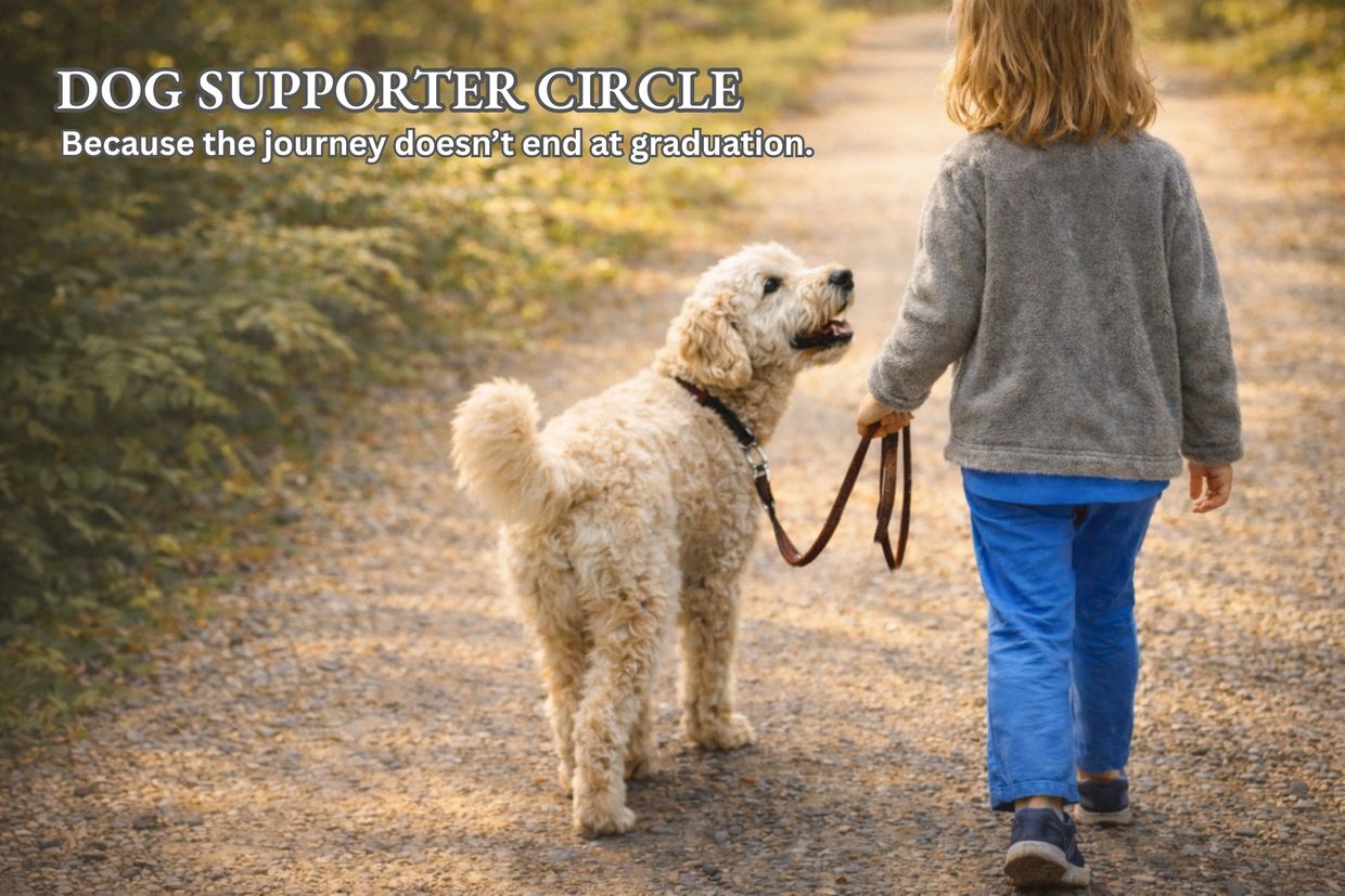 Little girl walking her doodle on a gravel path. Text - journey doesn't end at graduation