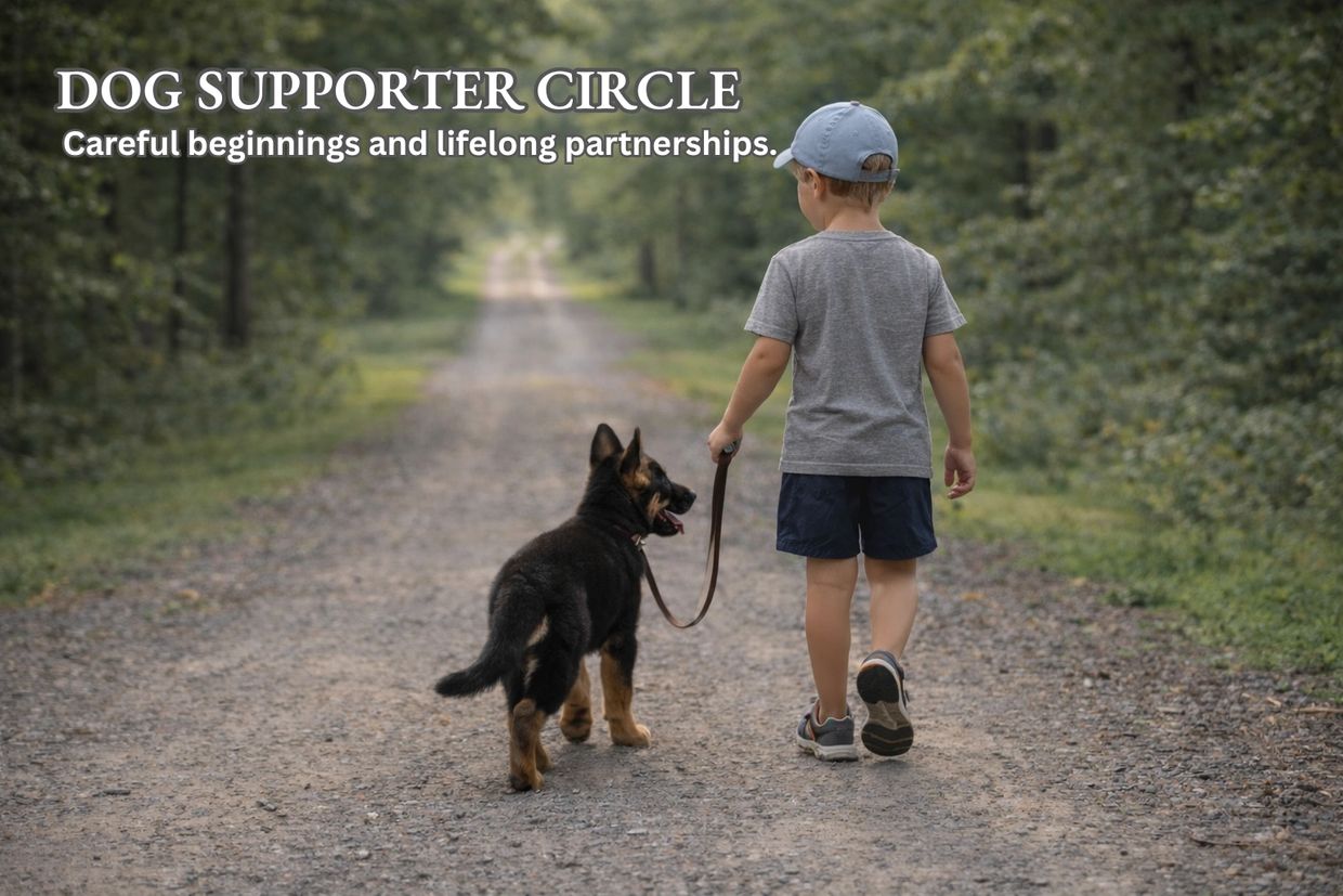 Little boy walking his german shepherd, gravel path. careful beginnings and lifelong partnerships