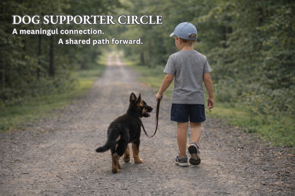 A young boy walking a dog on a gravel path surrounded by greenery.