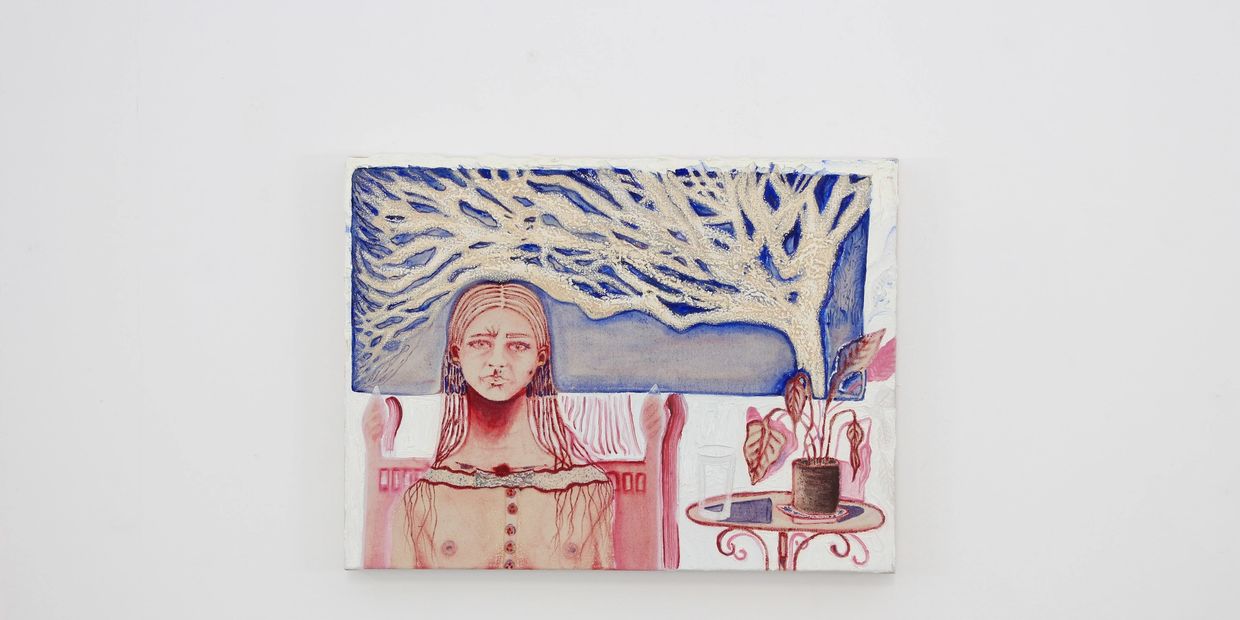 Weeding, 2025, underwear cutting, oil bars and oil on canvas, 40 cm x 55 cm.