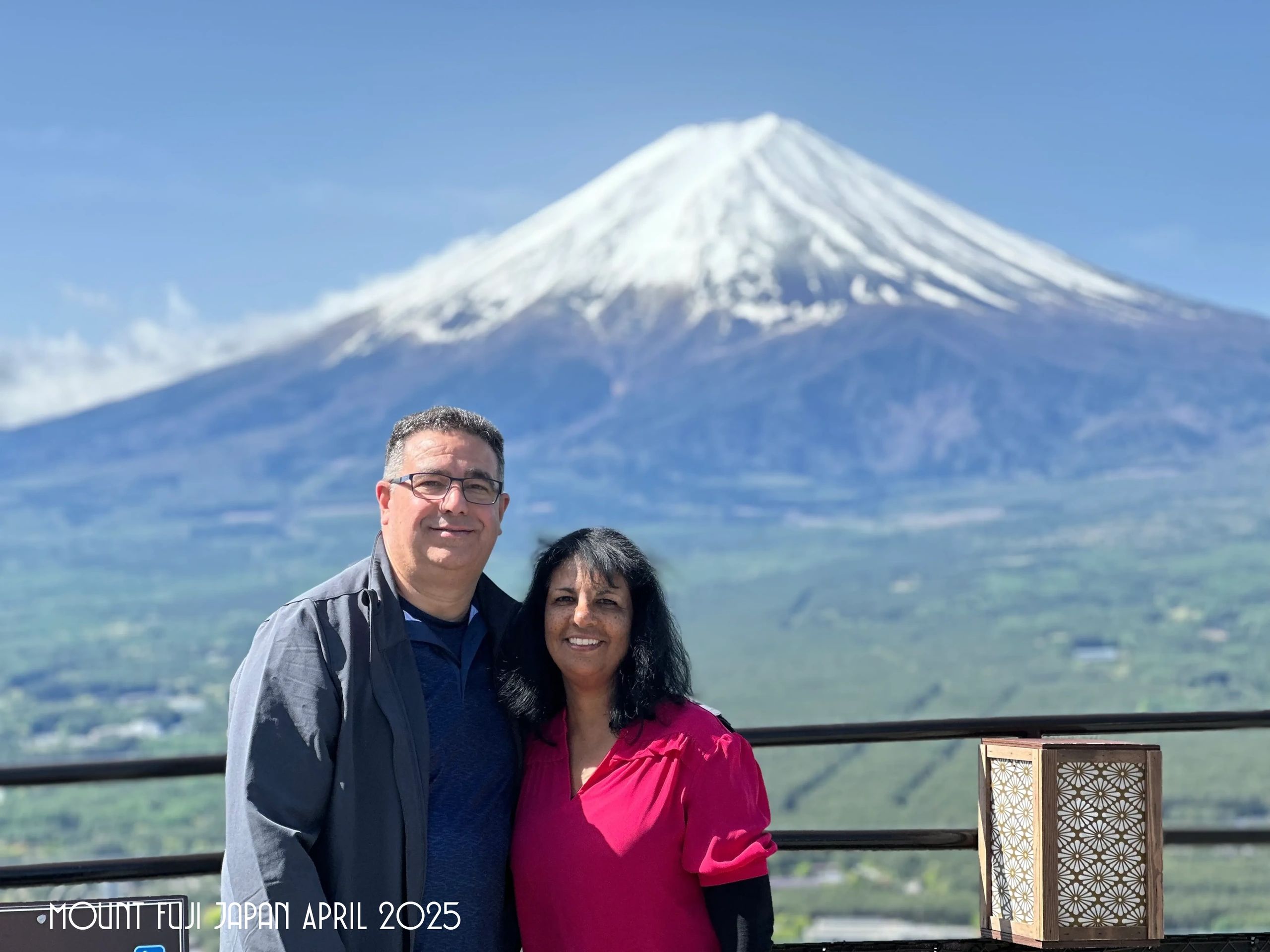 John and Susan Simkins in front of Mount Fuji, Japan, April 2025