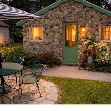 Cozy stone cottage with warm glowing windows and garden seating area.
