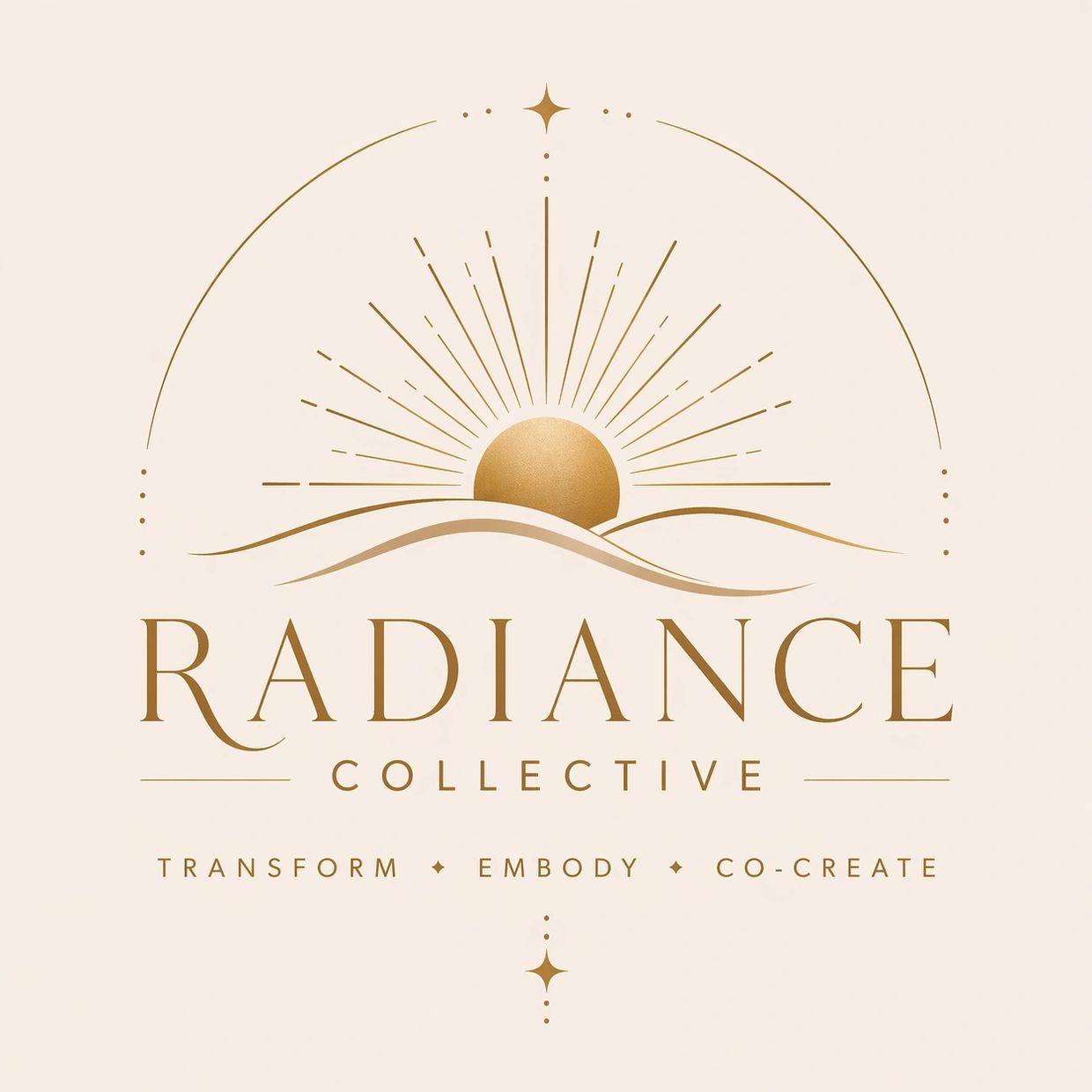 Elegant gold sun logo with Radiance Collective text and inspiring words.