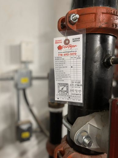 Inspection tag on a black fire protection pipe with red clamp in a utility room.