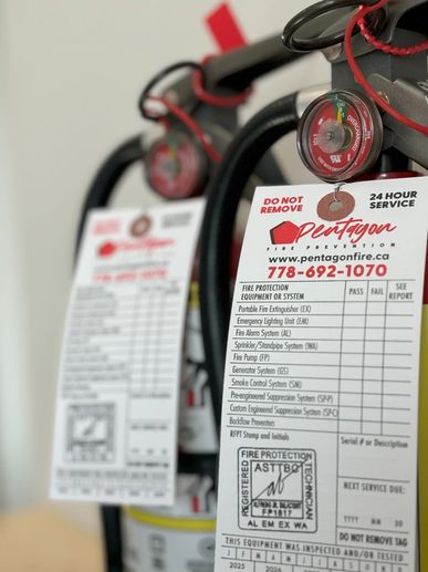 Fire extinguishers with inspection tags from Pentagon Fire Prevention.