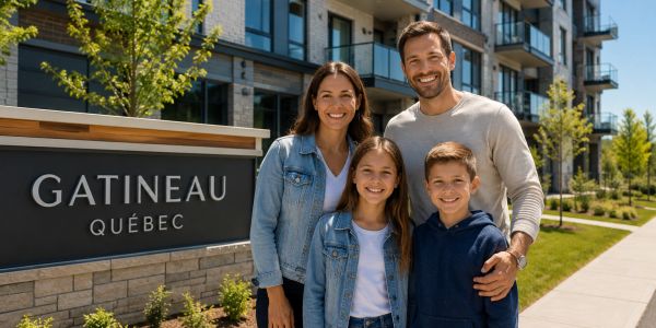 A happy family of four standing by a Gatineau, Québec sign outside modern apartments.