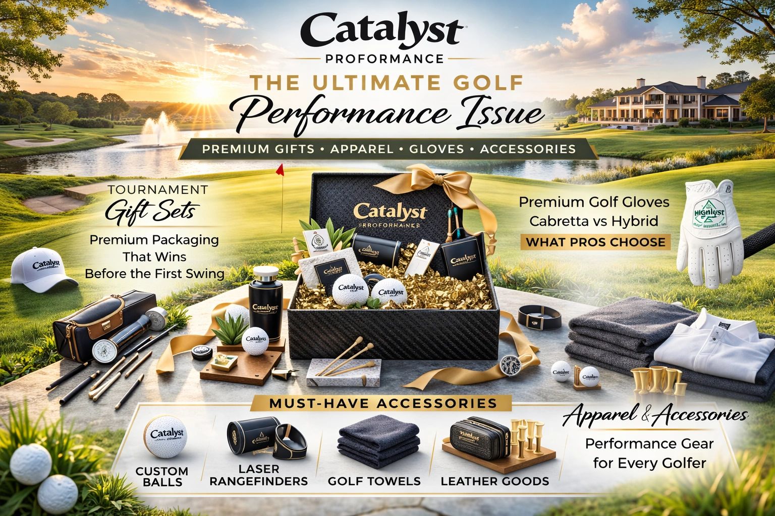 Ultimate golf performance gear and accessories displayed on a scenic golf course at sunrise.