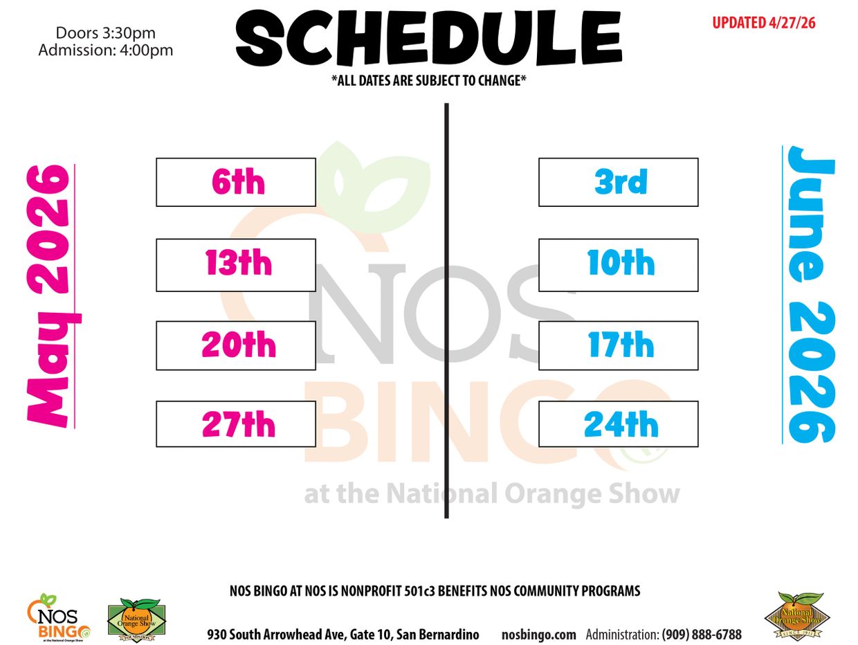 May and June 2026 bingo schedule at National Orange Show with dates and times.
