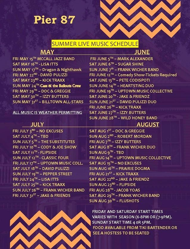 Pier 87 summer live music schedule from May to August featuring various bands and artists.