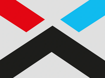 Abstract geometric shapes with red, blue, and black chevrons on a gray background.