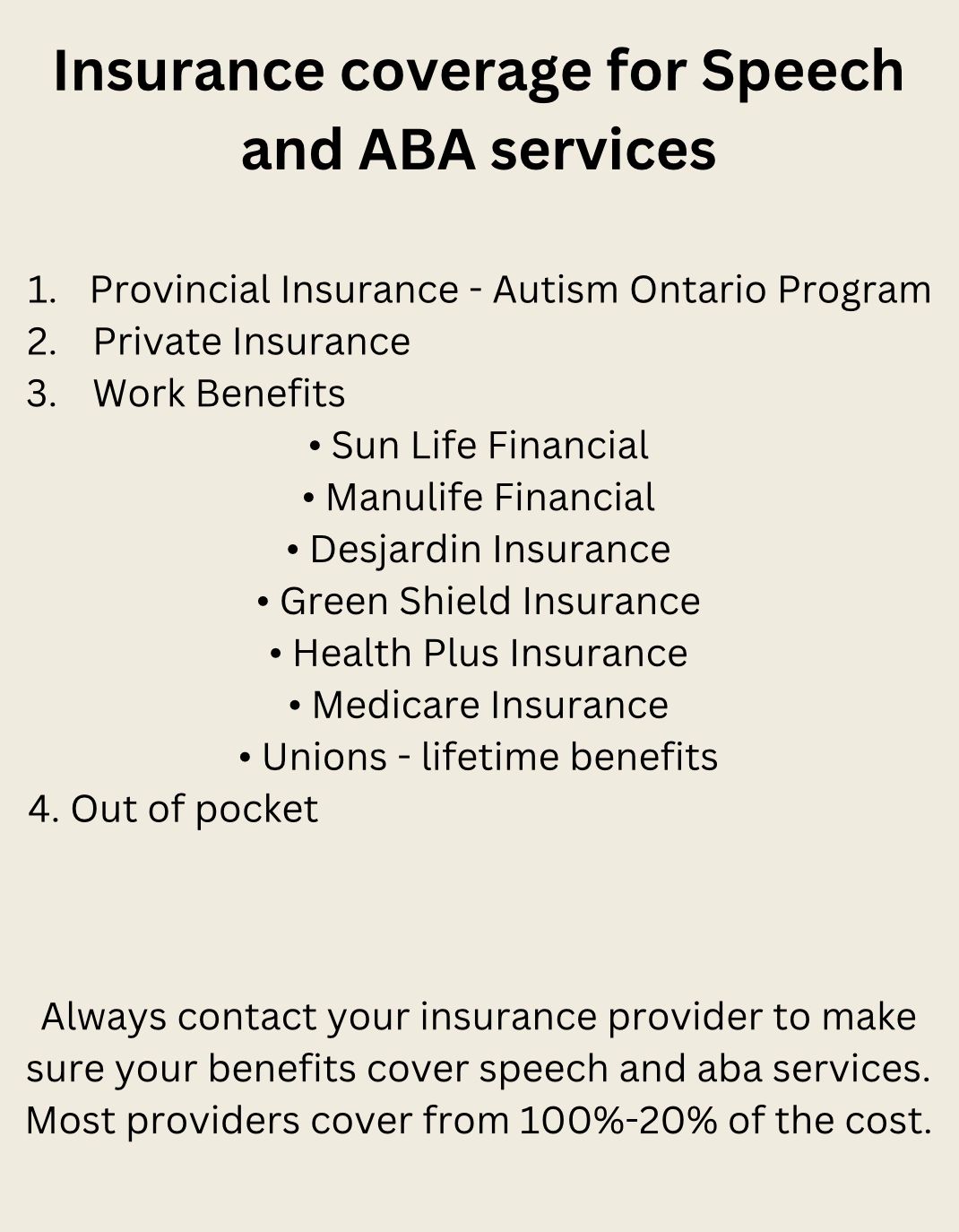 Insurance that covers Speech and ABA Services:

1. Provincial Insurance - Autism Ontario Program
2. 