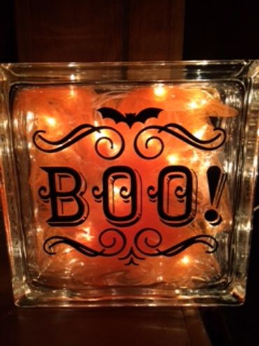 Glass block with Halloween 'BOO!' and lights.